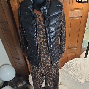 3 pc. 32 Degree Black Quilted Puffer Vest with Cheetah print Women's Lounge set